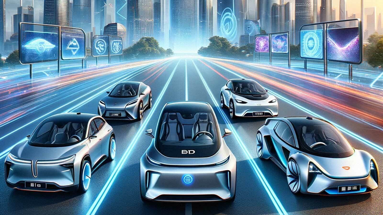 Ein futuristisches Bild, das vier stilisierte, moderne Elektroautos im Vordergrund zeigt, die jeweils die vier größten Elektroauto-Hersteller aus China repräsentieren: BYD, NIO, Xpeng Motors und Li Auto. Jedes Auto hat ein einzigartiges Design und Farbe, das die Marke repräsentiert. Im Hintergrund ist eine futuristische Stadtlandschaft mit hohen Gebäuden, sauberer Energie und digitalen Bildschirmen zu sehen, die Technologie und Fortschritt darstellen. Der Himmel ist klar und blau, symbolisch für eine saubere, umweltfreundliche Zukunft. Die Szene vermittelt ein Gefühl von Dynamik und Zukunftsoptimismus.